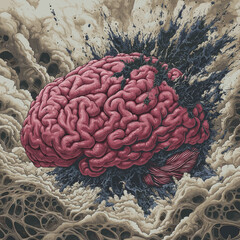 Abstract vector illustration of an exploding brain in a surreal environment with intricate details, symbolizing mental overload, creativity, and the complexities of thought