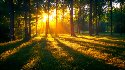 Obraz premium Sunlight shining through a lush green forest, creating a serene atmosphere with dappled light on the grass