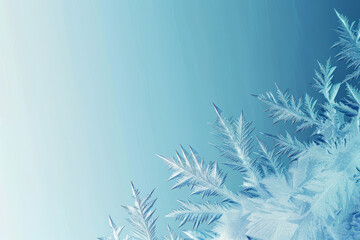 Delicate frost crystals create intricate patterns on surfaces, shimmering beautifully in the chilly morning light, set against a calming blue sky