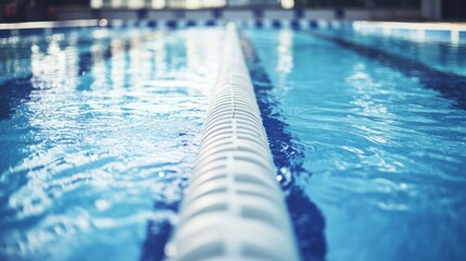 Obraz premium A swimming pool's lap lane with a focus on the lane markers and water ripples, outdoor setting with afternoon light, Fresh style