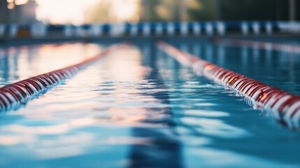 A swimming pool's lap lane with a focus on the lane markers and water ripples, outdoor setting with afternoon light, Fresh style