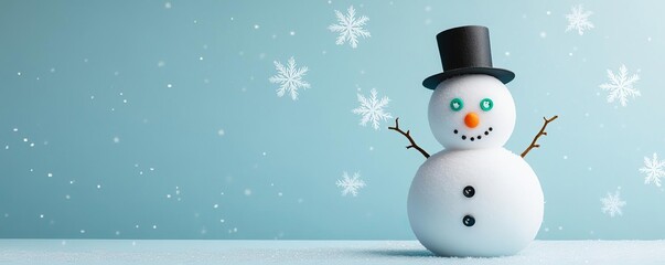 Snowman with button eyes and a carrot nose, surrounded by twinkling lights