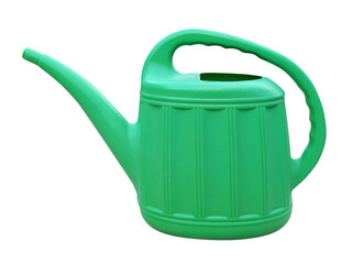Front view of green recycled plastic watering can isolated on white background. Plastic container...