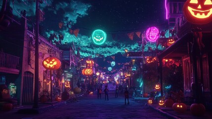 Obraz premium A Halloween street filled with colorful trick-or-treaters, neon pumpkins, and glowing haunted decorations under a starry sky.