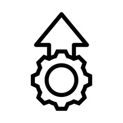 Clean vector icon of a gear with an upward arrow, symbolizing progress, development, and growth in a process or system. Editable stroke.