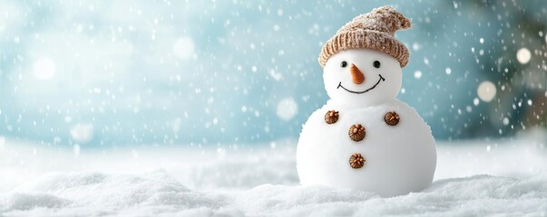 Fototapeta premium Snowman with buttons made of acorns, adding a natural touch to a snowy landscape
