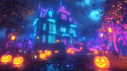 Obraz premium A haunted mansion glowing with rainbow-colored lights, surrounded by playful ghosts and neon jack-o-lanterns.
