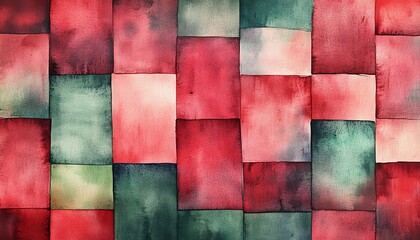 Fototapeta premium A vibrant abstract watercolor pattern featuring bold squares in red, green, and pink tones, perfect for artistic projects.