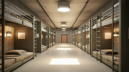 Modern Military Barracks with Neatly Arranged Bunks