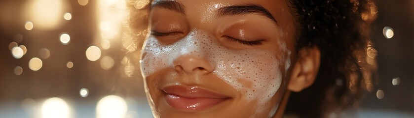 Fototapeta premium A serene moment of self-care, featuring a woman with a facial mask enjoying relaxation and beauty in a calming setting.