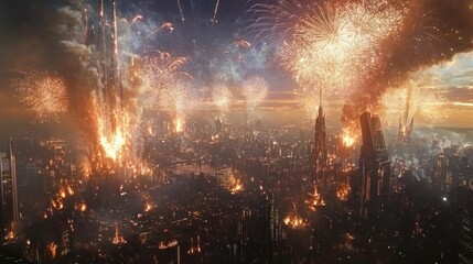 Fototapeta premium A highly detailed fireworks display above a cityscape, with intricate bursts and shimmering trails lighting up the skyline.