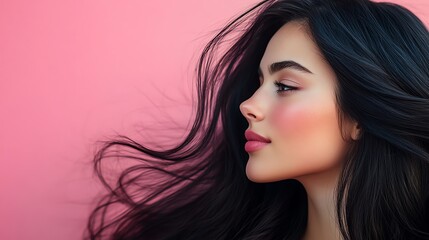 Naklejka premium A profile portrait of a beautiful woman with flowing black hair against a soft pink background, radiating elegance and beauty.
