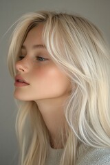 Fototapeta premium A profile portrait of a woman with long blonde hair, showcasing natural beauty and soft features in a minimalistic setting.