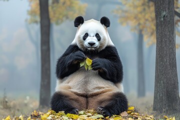 Obraz premium A playful panda sits contentedly, nibbling on a leaf amidst a colorful carpet of autumn leaves, surrounded by trees in a tranquil, misty forest