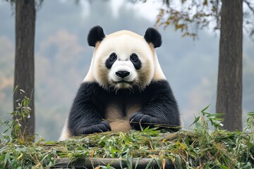 Obraz premium Amidst the tranquility of a misty forest, a panda enjoys a meal of vibrant green bamboo, showcasing its playful nature and the beauty of wildlife