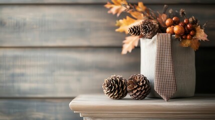 A Thanksgiving tie placed carefully on a mantelpiece next to holiday decorations, Thanksgiving tie, home holiday decor