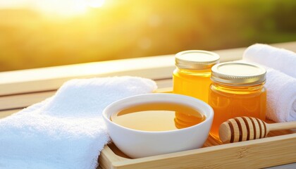 A tray of wedding favors featuring honey, ginger tea jars, and spa kits, creating a warm and personalized gift option