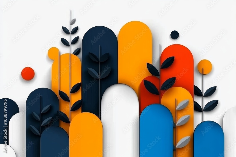 Poster abstract geometric landscape in minimalist style, with simple shapes and bold contrasting colors