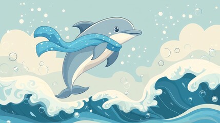 Fototapeta premium Playful Dolphin Jumping in Blue Scarf