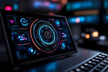 Fototapeta premium AI-powered control room in a factory, with large digital displays monitoring production, efficiency, and safety