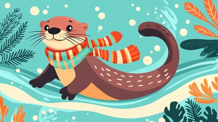 Playful Otter Sliding with a Striped Scarf