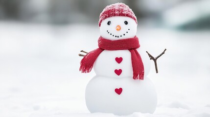 Fototapeta premium Snowman with heart-shaped buttons and a red scarf, standing in the snow