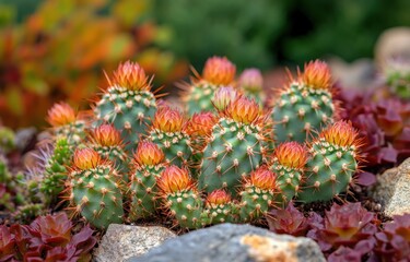 Fototapeta premium Colorful cacti featuring vibrant blooms in a rock garden during bright daylight