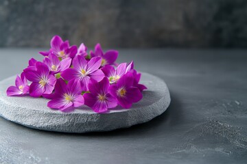 Aubrieta flowers simplified into clean geometric shapes, with bold purple petals on a soft gray background