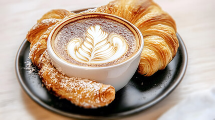 coffee and croissant, a cup of coffee with croissant beside. Food and drink wallpaper