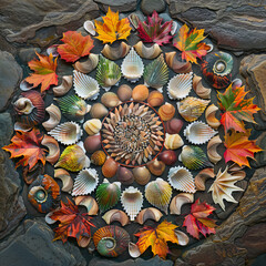 A mandala made entirely of colorful autumn leaves. An intricate mandala design formed by seashells on a sa Job