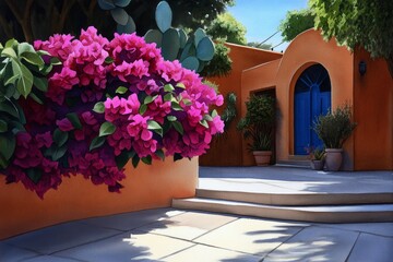 Fototapeta premium Bougainvillea blooms in watercolor, with soft pink and purple petals blending gently into a vibrant garden scene