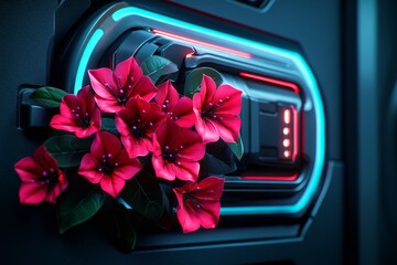 Bougainvillea flowers growing in a cyberpunk cityscape, with neon lights illuminating their vibrant petals against dark metal structures