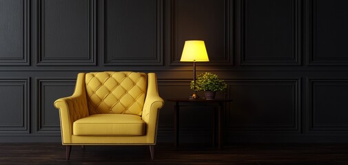 Naklejka premium Luxurious Yellow Armchair in Minimalist Dark Wood Interior - Contemporary Living Room Design Concept