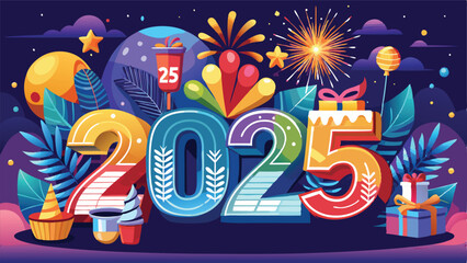 Fototapeta premium Happy New Year 2025 with Fireworks and Festive Party Scene Vector Illustration