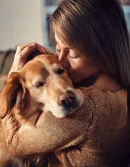 chien dans les bras de sa maitresse pour un câlin dans un salon, image ia adoption