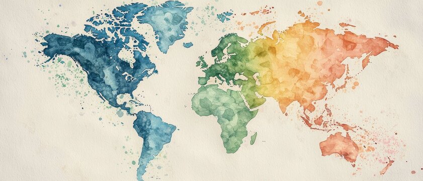 Serene Watercolor World Map on Textured Paper - Abstract Artwork for Travel and Decor (193 characters)