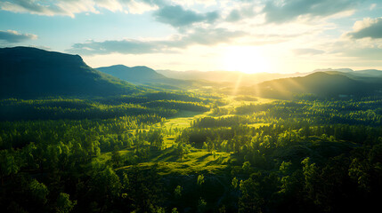 Obraz premium sunset over a vast green valley with sun rays illuminating the forested landscape, showcasing the serene beauty of nature and distant mountains