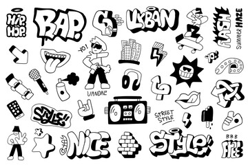 Summer city life graffiti style doodle characters objects sign and symbols , funny background for kids
