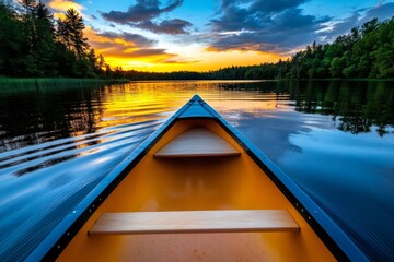 Fototapeta premium Canoe on a lake at sunset, with vibrant reflections on the water and calm, serene surroundings