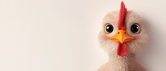 Playful Cartoon Chicken Closeup on White Background, Whimsical Character with Red Comb, Kid's Book Illustration