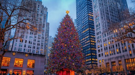 Obraz premium Festive New York Style Christmas Tree Lighting Celebration Generative AI