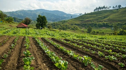 Lush Hillside Farm with Thriving Crops Under Scenic Sky