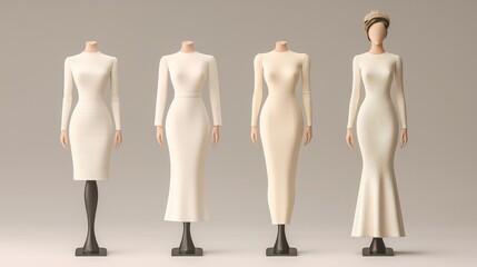 Elegant White Dress Collection on Headless Mannequins in Minimalist Setting for Fashion Catalog