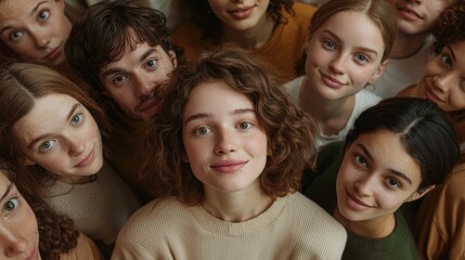 Fototapeta premium Close-Up Portrait of Playful Young Friends in Informal Gathering, Lighthearted and Intimate Scene with Curly Brown-Haired Woman, Warm Tones and Soft Lighting