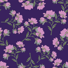 Vintage seamless floral pattern. Liberty style background of small lilac and white flowers. Small flowers scattered over a beige background