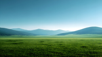 Fototapeta premium green field with rolling hills and a distant mountain range under a sunny sky, highlighting rural beauty and serene natural landscape