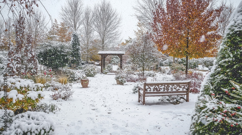 Wall mural serene snow-covered garden in winter