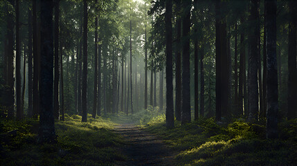 Obraz premium mysterious forest path surrounded by tall trees and soft sunlight filtering through the canopy, creating a tranquil and peaceful woodland atmosphere in early morning light