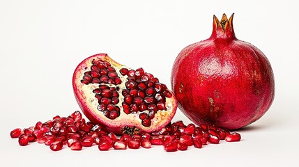 A vibrant red pomegranate split open, revealing juicy seeds, surrounded by scattered arils on a white background.