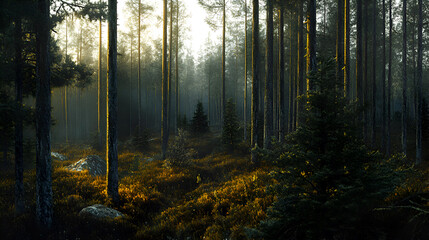 Fototapeta premium mysterious forest path surrounded by tall trees and soft sunlight filtering through the canopy, creating a tranquil and peaceful woodland atmosphere in early morning light